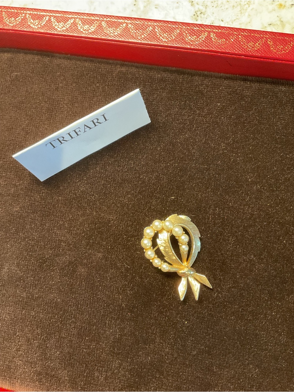 Trifari Gold-Tone Bow Brooch with Pearl Accents
